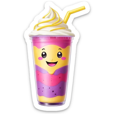 Cute Kawaii Smoothie Cup, filled with blended fruity goodness, a smiling face with excited eyes, bright colorful layers of pink, yellow, and purple, topped with a straw and tiny fruit slices! sticker