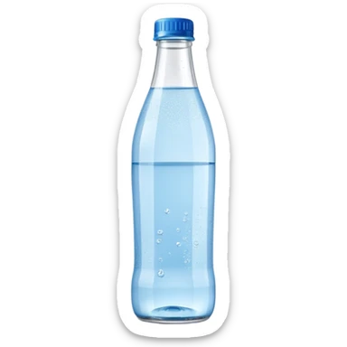slim glass bottle of sparkling water, clear and fizzy with visible bubbles, simple blue cap, minimal blank label, 3D, clean, soft lighting, no anthropomorphic features, no extra elements, emoji scale sticker