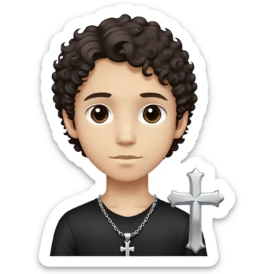 un chico de tono de piel clara y de un físico delgado, ojos oscuros, cabello castaño súper oscuro, cabello entre ondulado y crespo (de tamaño mediano), camisa negra y un collar con una cruz de plata sticker