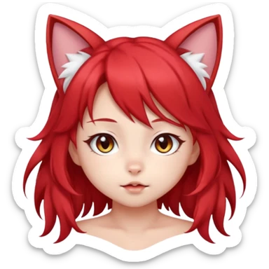 very cute anime cat-girl with small cat ears, red blowing hair sticker