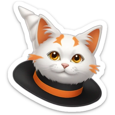 White-orange fluffy cat in black cone witch hat sticker