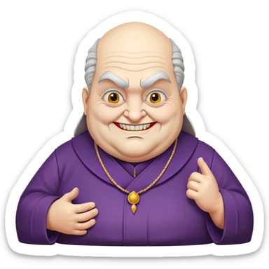 creepy old temple priest, overweight, sly closed smile, Joker-like bent stance sticker