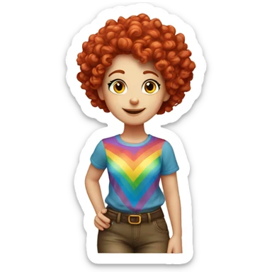 white girl with red curly hair, wearing a rainbow shirt doing a pose sticker