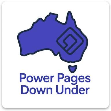 Update the text to 'Power Pages Down Under' in the same clean, modern font style below the map of Australia with the official Microsoft Power Pages icon overlay. Use #403DAD as the main color, no digital web overlay sticker