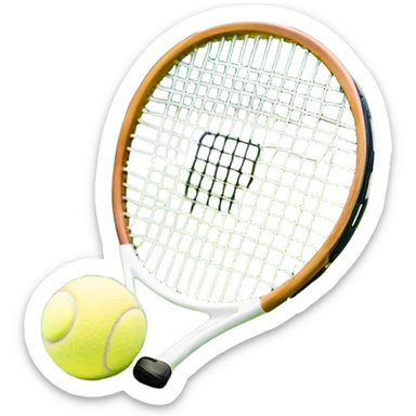 A tennis racket resting on the green grass of a tennis court, with a tennis ball placed nearby and the net stretching across the court. The background captures the fresh, open atmosphere of a traditional grass court, emphasizing the elegance and precision of the sport. sticker