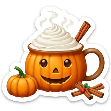Steaming coffee Mug with whipped Cream and cinnamon Dust on Cream.  Small Punkin and 3 sticks of cinnamon next to mug sticker