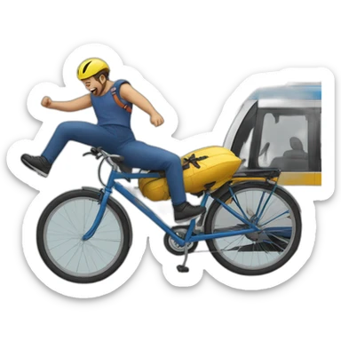 man falling off bike hits tram sticker