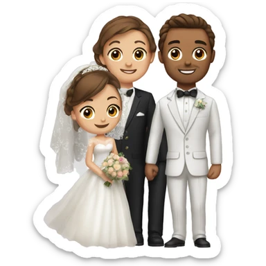 design an emoji with a bride with brown eyes and brown hair, standing next to her groom with brown hair and blue eyes sticker