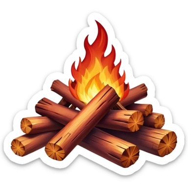 Cinematic Realistic Campfire, a roaring flame crackling atop carefully arranged logs, embers glowing deep red, golden light casting soft flickering shadows, gentle smoke drifting upwards, glowing with warmth and coziness. sticker