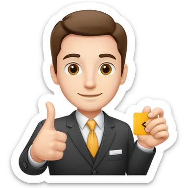 friendly salesman with a name tag, open hand gesture, business attire sticker