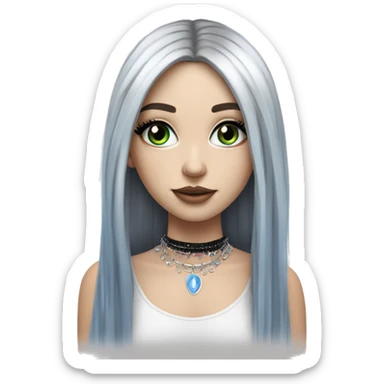 Hyperrealistic white girl with blue eyes and long black hair with rainbow fringe. Wearing cute black & silver choker necklace has dark eye makeup on her eyes sticker