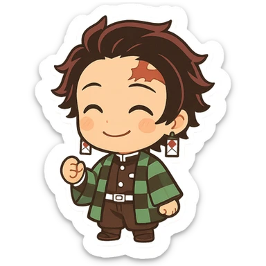 Tanjiro Kamado, chibi style, green checkered haori, hanafuda earrings, short black hair with burgundy tips, smiling sticker