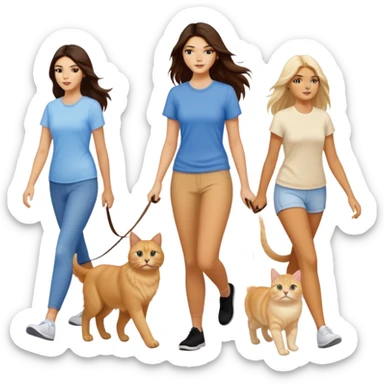 Kendall Jenner with long brown hair walking a golden retriever dog and three cats, two cream colored cats and one white and blue cat sticker