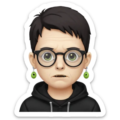 Chico moreno zombie, con gafas y sudadera negra, dos aretes en la oreja izquierda y dos en la derecha, ojeras en los ojos y sticker