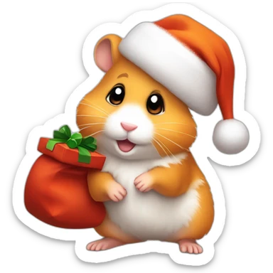 A joyful (((Orange Hamster))) dressed as ((Santa Claus)), with a warm expression and and a sack of gifts with a christmas hat, pixelart sticker