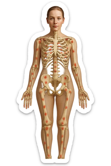 corpo umano anatomico di una donna affetta da fibromialgia, red spot sparsi sulle sue ossa, iperrealistica 4k sticker