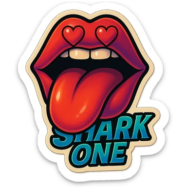 mouth open with tongue out heart shaped eye add the words “ Shark One " in White sticker