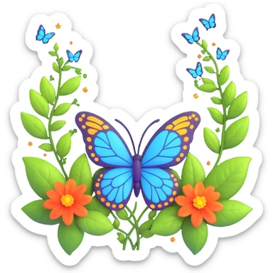 Add glowing leaves among the flowers and around the butterfly, maintaining the magical, 3D cartoon, digital fantasy art style. Keep the transparent background and all existing effects including flowers, glowing outlines, sparkling accents, magical particles, and elegant wings. sticker