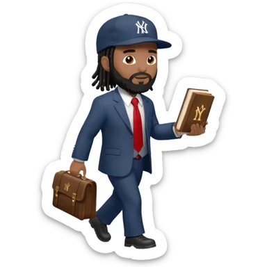 African American man with shoulder length black dreadlocks with black beard wearing a New York Yankees logo baseball cap wearing a suit with red tie walking to the right holding a Holy Bible sticker