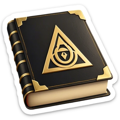 A black and gold book with an aged leather texture, embossed with an alchemical symbol, a compass, or a forging hammer, exuding wisdom, mastery, and the relentless pursuit of greatness. - book on mastery ... silhouette of a triangle  sticker