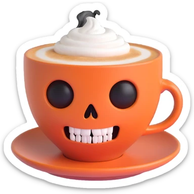 a cappuccino cup with a sinister, mischievous face, sharp eyes, and a hint of steam forming a skull sticker