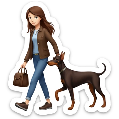 A girl with long brown hair walking a Doberman sticker
