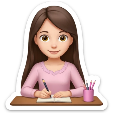 pretty smiling long brunette hair girl with hazel eyes wearing light pink dress writing sticker