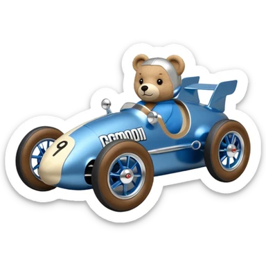  Metallic blue and lightly chrome-accented Antique-looking  kid-sized race car for teddy bear with custom aero body and rear wing  sticker