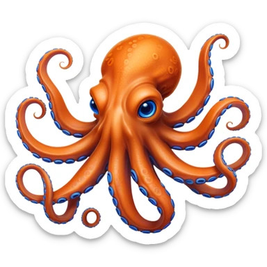Cinematic Realistic Noble Octopus Portrait Emoji, Poised and majestic, with a sinuous, flowing body in vivid orange accented by intricately detailed blue rings, and intelligent, penetrating eyes that reflect ancient ocean lore; rendered with lifelike texture and natural iridescence, high shine, intelligent and formidable, styled with an aura of mystical marine power, focused and attentive, soft glowing outline, capturing the essence of a watchful and confident octopus that appears ready to glide out of the screen with timeless authority! sticker