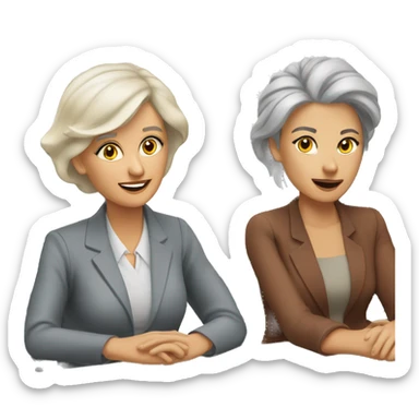 an older woman grey hair and a younger woman blonde hair sitting talking job interview semi casual sticker