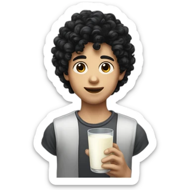 A portrait from the shoulders up of pasty white teenage boy with dark black curly hair holding a wineglass of milk sticker