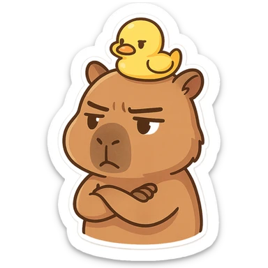 A Capybara with his arms crossed, thinking and a serious expression, with a small yellow duck on his head sticker