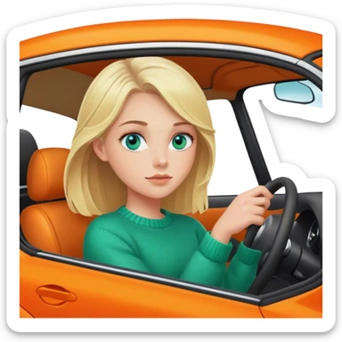 Cinematic realistic blonde with blue eyes, dressed in a green sweater, driving an orange car sticker