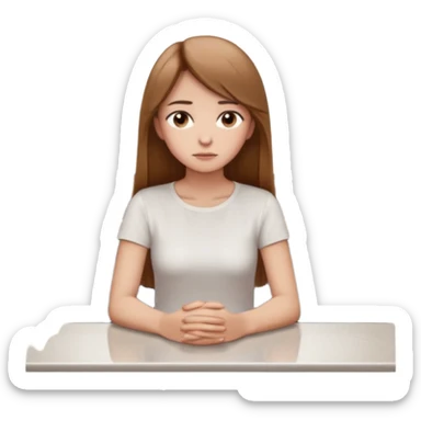 Cartoon emoji of a girl with long, straight light brown hair, fair skin, brown eyes. Wearing a white top and simple pants. Sitting alone at a café table, shoulders slightly hunched, head slightly down, looking unsure and thoughtful sticker