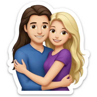 A happy boyfriend and girlfriend hug. She is brunette sexy with long hair. He is blonde sticker