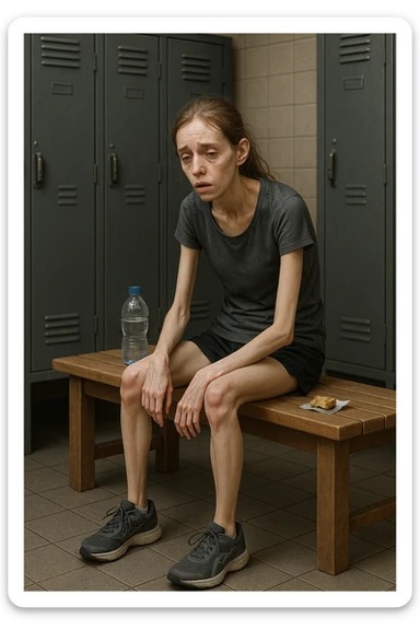 3D rendered scene: a woman in her 20s wearing running clothes sits on a bench in a locker room, looking exhausted and weak. Her face shows signs of fatigue, and her limbs appear thin and lacking muscle tone. A water bottle and a small, half-eaten snack are beside her, hinting at insufficient nutrition. The environment is realistic, with a focus on her physical and emotional state. sticker