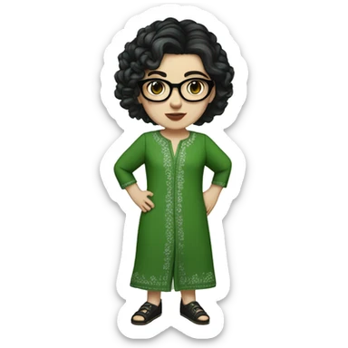 White girl in a green kurta with flower design, glasses, alot of piercing, gay, red lips, nose ring, full body, teen, short black straight edgar hair,  sticker