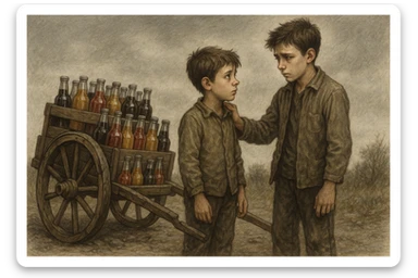 Bir g'ildiragi singan ichimliklar ortilgan arava uning yonida aka uka bir biriga havotirli nigoh bilan qarab turibdi  sticker