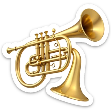 Create a sleek and polished emoji representing the Brahner trumpet. The design should feature the shiny brass body of the trumpet, with its distinct bell shape and coiled tubing. Highlight the three smooth, finger-operated valves, and the mouthpiece at the top of the instrument. The finish of the trumpet should be a rich, golden brass tone with subtle reflections, giving it a polished and professional appearance. Add musical notes or soundwaves around the bell of the trumpet to evoke its bold and brassy sound. Use golden, brass, and silver tones to emphasize the vibrant, high-quality design of the trumpet. The background should be transparent. sticker