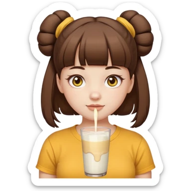 beautiful girl with brown hair with up twin buns style only, straight bangs, yellow eyes, milk brown tshirt, white skin, her body is a little fat  sticker