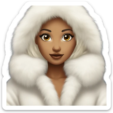 Tanned Girl with lashes , platinum blonde hair, in an extremely big fluffy oversized white fur coat with hood on. The fur is real and it’s very obvious big and fluffy like in Pinterest  sticker