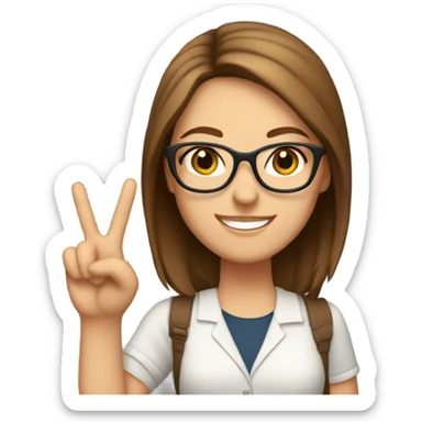 White girl brownish hair wearing glasses holding up a peace sign sticker