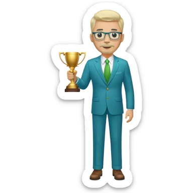 Full Body white heavy set male  wearing glasses with a goatee with light blonde gray very short hair basketball head Coach in blue and green suit holding trophy sticker