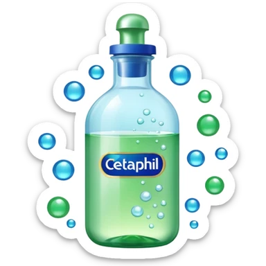 Cetaphil white bottle with light green cap and blue-green label, glowing softly. Surrounded by tiny light orbs and silky sparkles flowing like hydration waves. Feels like a gentle skin shield potion in a glossy, minimalist flask. sticker