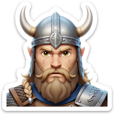 Clash of Clans aesthetic: Cinematic Fierce Viking Portrait Emoji, Poised and bold with a rugged yet stylized build, wearing a simple horned helmet and sporting a neatly trimmed beard, his face rendered in a natural skin tone, intense eyes reflecting fierce determination, Simplified yet dynamic features, highly detailed, glowing with a cool, battle-ready radiance, high shine, brave and resolute, stylized with an air of ancient Nordic valor, focused and commanding, soft glowing outline, capturing the essence of a fearless Viking adventurer ready to set sail on epic quests! sticker