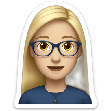 Pale woman with straight long blonde hair and navy blue glasses sticker