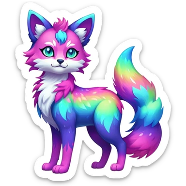 Vibrant multicolored neon-colored Falvie-Fionbri-creature-sparkle-feline-canine-hybrid-fursona, full body, fur pattern-markings sticker