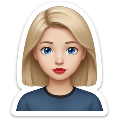 Emoji teenage girl, ash darker almost brown blonde hair, blue eyes, black shirt, hair a little longer than over shoulders, red pinkish lips, blue grey eyes sticker