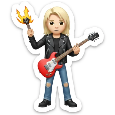 3D Apple-style emoji of a metal musician holding an electric guitar with a bold "ROCK" sign above. Long hair, black leather jacket, ripped jeans, intense expression. Rounded, glossy, smooth, soft shadows, white background.











 sticker