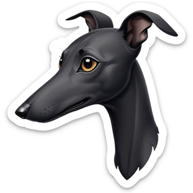 Cinematic Noble Black Greyhound Portrait Emoji, Poised and regal, with a lean, graceful build and a sleek, jet-black Fur, deep-set soulful dark eyes, Simplified yet sharp and sophisticated features, highly detailed, glowing with a soft, dignified glow, high shine, intelligent and swift, stylized with an air of elegance, focused and attentive, soft glowing outline, capturing the essence of a watchful and commanding racer, so majestic it feels as though it could sprint out of the screen with effortless authority! sticker